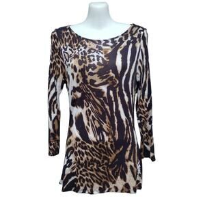 INC 3/4 Sleeve Animal Print Tunic Top with Wide Neck,‎ Brown/Beige, Size S